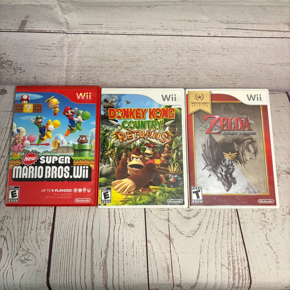 Nintendo Wii 3 Game Bundle Mario Bros Donkey Kong Zelda Twilight Princess